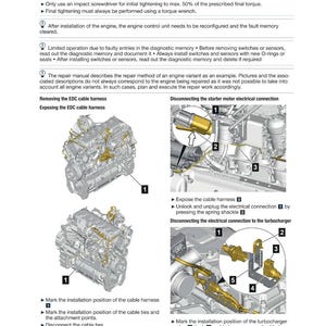 May include: A page from a manual detailing engine electrical system procedures. Diagrams show cable harness removal, electrical connections, and turbocharger components. Text includes safety notices and step-by-step instructions for engine maintenance.