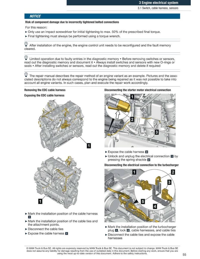 May include: A page from a manual detailing engine electrical system procedures. Diagrams show cable harness removal, electrical connections, and turbocharger components. Text includes safety notices and step-by-step instructions for engine maintenance.