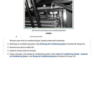 May include: Diagram showing air conditioning components with the text "Remove and Install Low Pressure Air Conditioning Switch." Includes a close-up of a low-pressure switch and instructions for removal and installation.