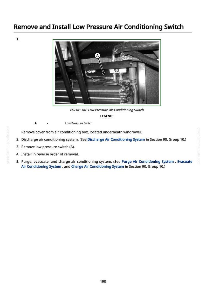 May include: Diagram showing air conditioning components with the text "Remove and Install Low Pressure Air Conditioning Switch." Includes a close-up of a low-pressure switch and instructions for removal and installation.