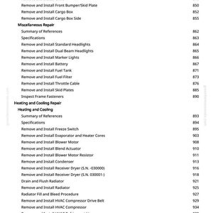 May include: A page from a manual with a list of automotive repair procedures. The text includes sections on miscellaneous repair, heating and cooling, and engine operation, with page numbers on the right.