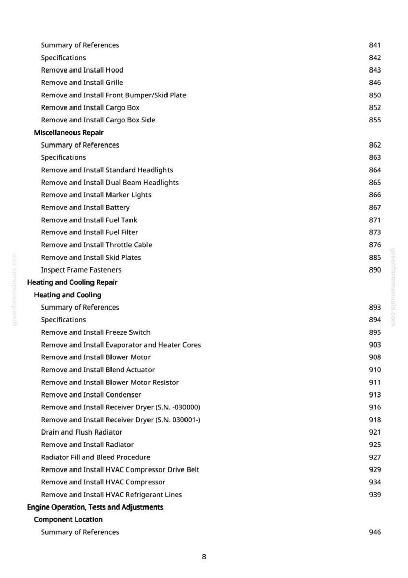 May include: A page from a manual with a list of automotive repair procedures. The text includes sections on miscellaneous repair, heating and cooling, and engine operation, with page numbers on the right.