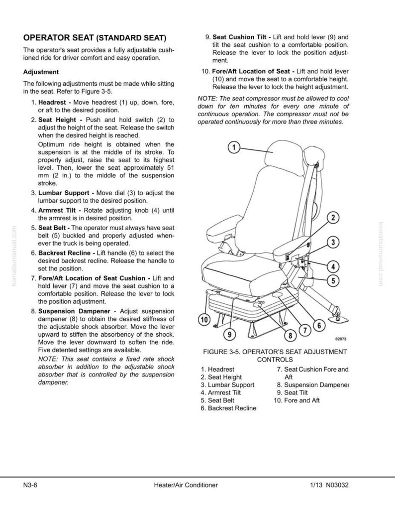 May include: Diagram of an operator seat with adjustable features, including headrest, seat height, lumbar support, armrest tilt, seat belt, backrest recline, and seat cushion adjustments. The image includes numbered labels and a detailed explanation.