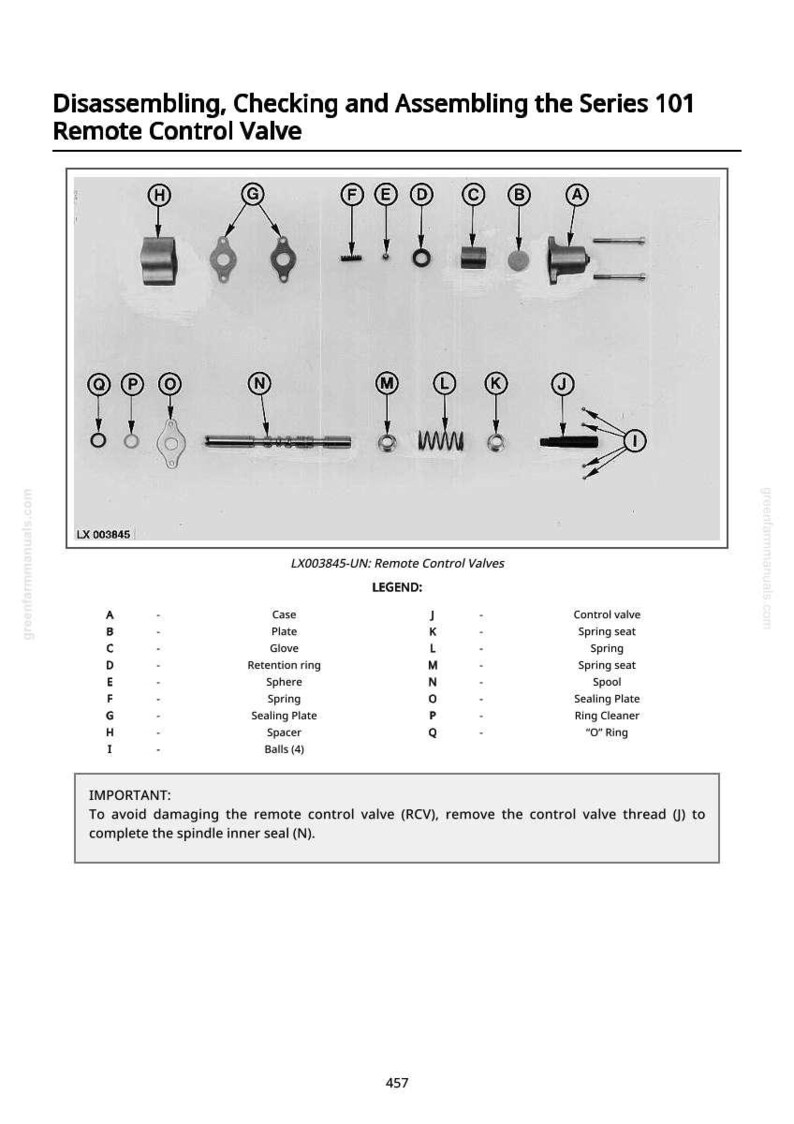 May include: Diagram of a remote control valve assembly, with labeled parts including a case, plate, and spring. The image includes a legend and instructions for disassembly and assembly.