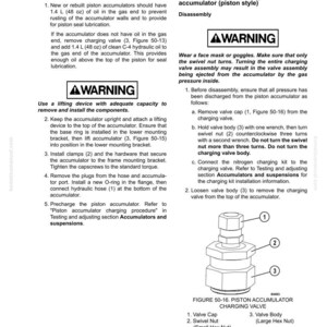 May include: Technical diagram of a piston accumulator charging valve, with labels for valve cap, swivel nut, and valve body. Instructions detail disassembly and assembly procedures, including safety warnings and component installation steps.