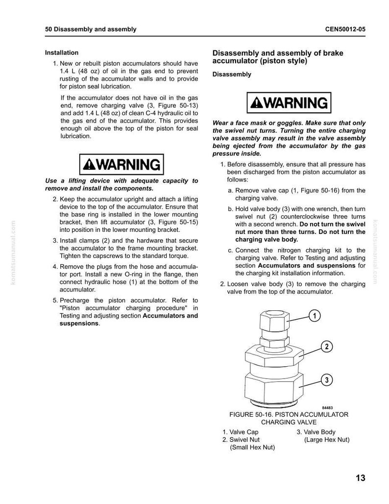 May include: Technical diagram of a piston accumulator charging valve, with labels for valve cap, swivel nut, and valve body. Instructions detail disassembly and assembly procedures, including safety warnings and component installation steps.