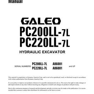 Może przedstawiać: Biała instrukcja warsztatowa z napisem "Shop Manual" u g&oacute;ry. Instrukcja zawiera logo "GALEO" oraz tekst "PC200LL-7L PC220LL-7L HYDRAULIC EXCAVATOR". Zawiera r&oacute;wnież numery seryjne i informacje o prawach autorskich.