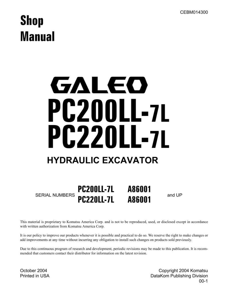 Może przedstawiać: Biała instrukcja warsztatowa z napisem "Shop Manual" u g&oacute;ry. Instrukcja zawiera logo "GALEO" oraz tekst "PC200LL-7L PC220LL-7L HYDRAULIC EXCAVATOR". Zawiera r&oacute;wnież numery seryjne i informacje o prawach autorskich.