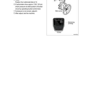 Puede incluir: Diagrama de componentes de una m&aacute;quina, incluyendo un sensor de presi&oacute;n, bomba principal y pantalla de grupo. El texto detalla un procedimiento de prueba para verificar la presi&oacute;n en la v&aacute;lvula EPPR, con especificaciones en psi y kgf/cm&sup2;.