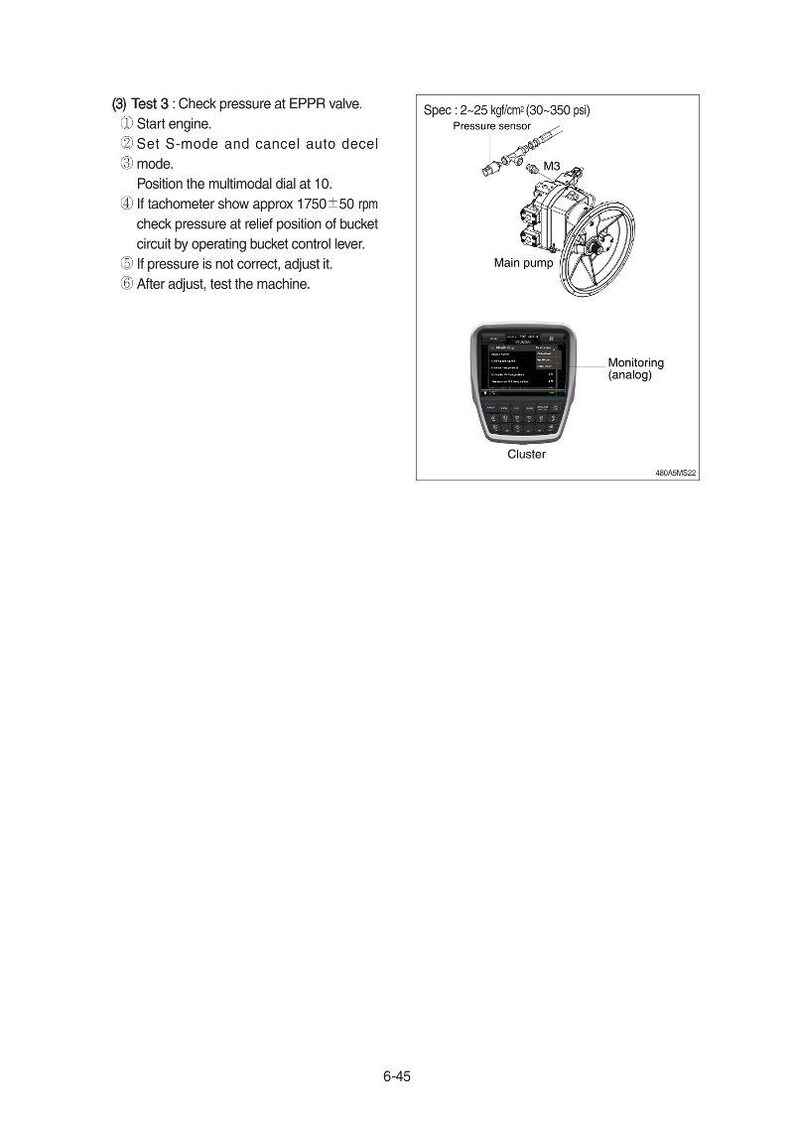 Puede incluir: Diagrama de componentes de una m&aacute;quina, incluyendo un sensor de presi&oacute;n, bomba principal y pantalla de grupo. El texto detalla un procedimiento de prueba para verificar la presi&oacute;n en la v&aacute;lvula EPPR, con especificaciones en psi y kgf/cm&sup2;.
