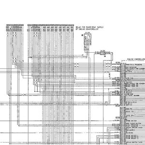 May include: A detailed black and white schematic diagram of an engine control system. The diagram includes numerous lines, connectors, and text labels, such as "RELAY FOR POWER SUPPLY OF ENGINE CONTROLLER" and "ENGINE CONTROLLER".