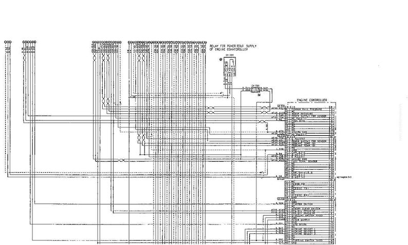 May include: A detailed black and white schematic diagram of an engine control system. The diagram includes numerous lines, connectors, and text labels, such as "RELAY FOR POWER SUPPLY OF ENGINE CONTROLLER" and "ENGINE CONTROLLER".