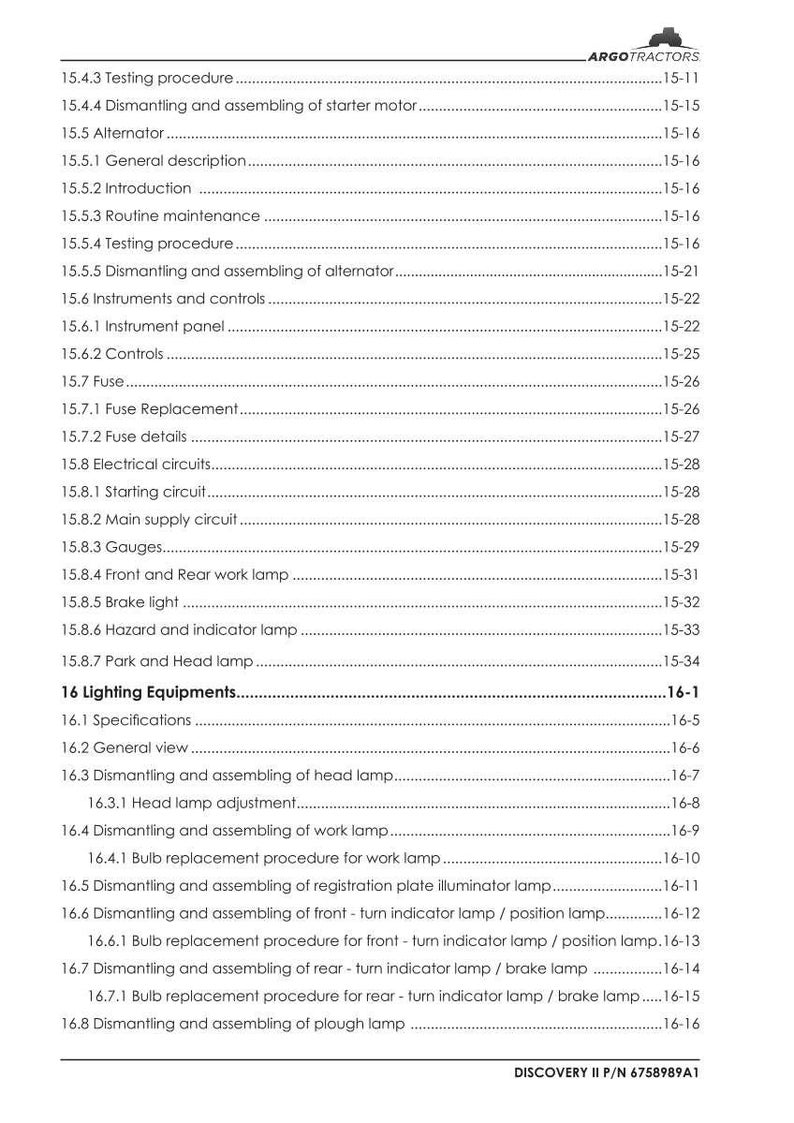 May include: A white and black printed manual page with a table of contents for a vehicle. The manual includes sections on lighting equipment, electrical circuits, and instruments. The text "ARGOTRACTORS" is at the top.