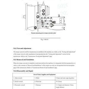 May include: Diagram of a torque converter with labels for pressure measuring ports. Includes a list of tools and equipment such as Allen wrench, socket wrench, and copper rod (diameter 10mm, length 400mm).