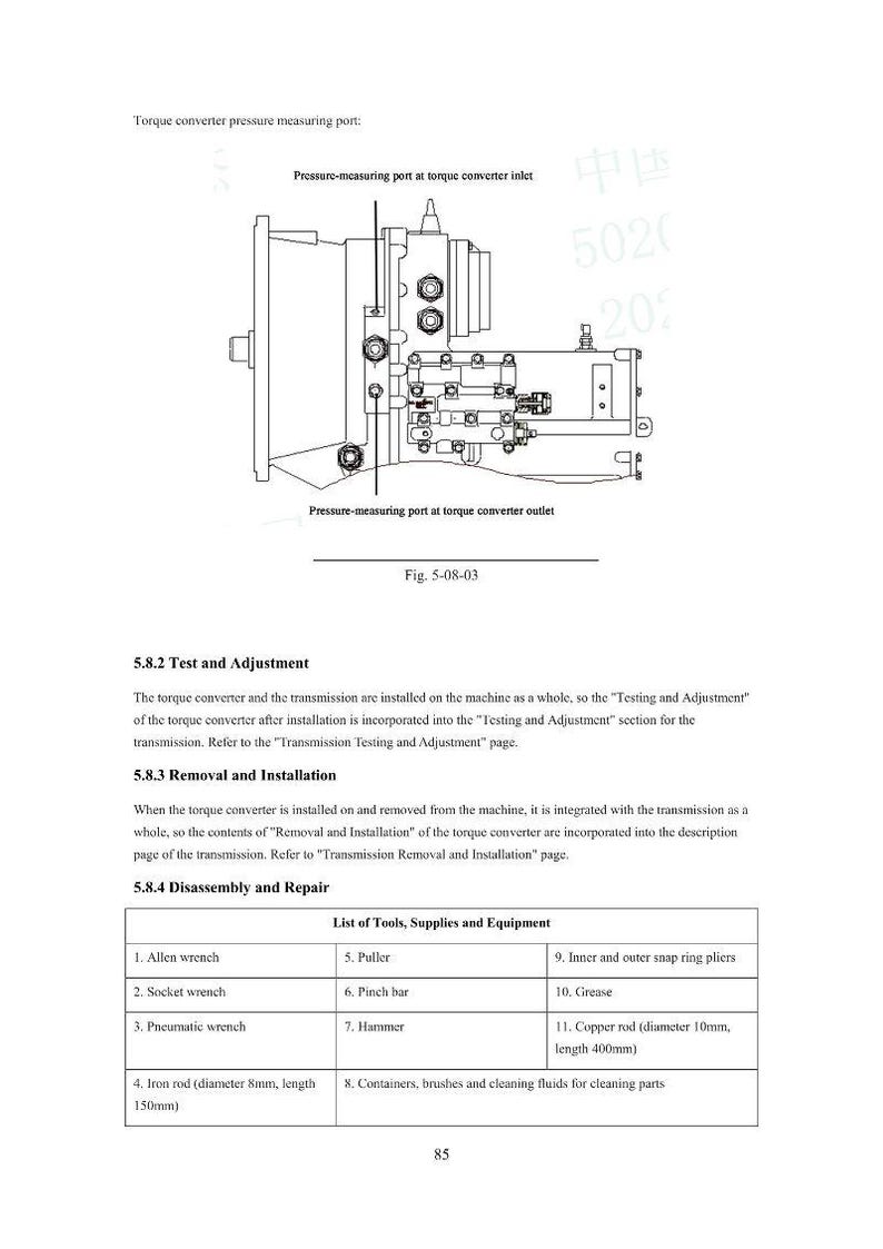 May include: Diagram of a torque converter with labels for pressure measuring ports. Includes a list of tools and equipment such as Allen wrench, socket wrench, and copper rod (diameter 10mm, length 400mm).