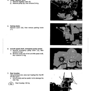 May include: Diagram from a manual showing the disassembly and assembly of a transmission. The image includes detailed instructions and diagrams for removing parts such as the pump, regulator valve, parking brake, and rear housing. The rear housing weighs 135 kg.