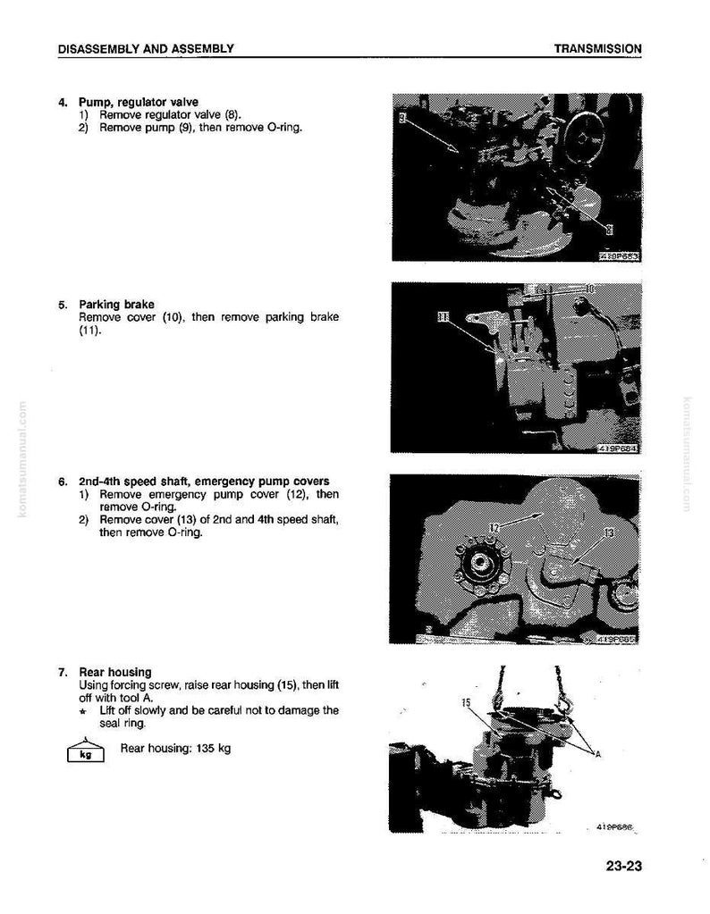 May include: Diagram from a manual showing the disassembly and assembly of a transmission. The image includes detailed instructions and diagrams for removing parts such as the pump, regulator valve, parking brake, and rear housing. The rear housing weighs 135 kg.