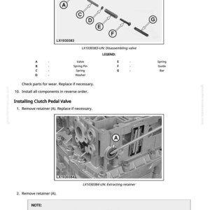 May include: Diagram showing disassembled valve components, labelled A to G, and a detailed view of a clutch pedal valve installation. Includes text instructions for part replacement and assembly.