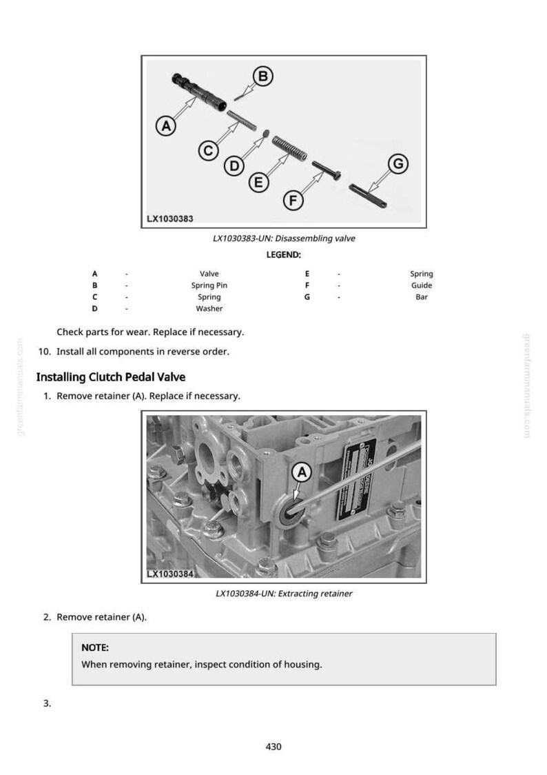 May include: Diagram showing disassembled valve components, labelled A to G, and a detailed view of a clutch pedal valve installation. Includes text instructions for part replacement and assembly.