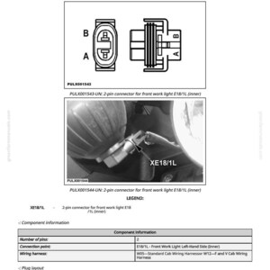 Pu&ograve; includere: Schema di un connettore a 2 pin per una luce di lavoro anteriore, etichettato XE18/1L. L'immagine include diagrammi dettagliati e informazioni sui componenti, tra cui la disposizione dei pin e i dettagli del cablaggio.