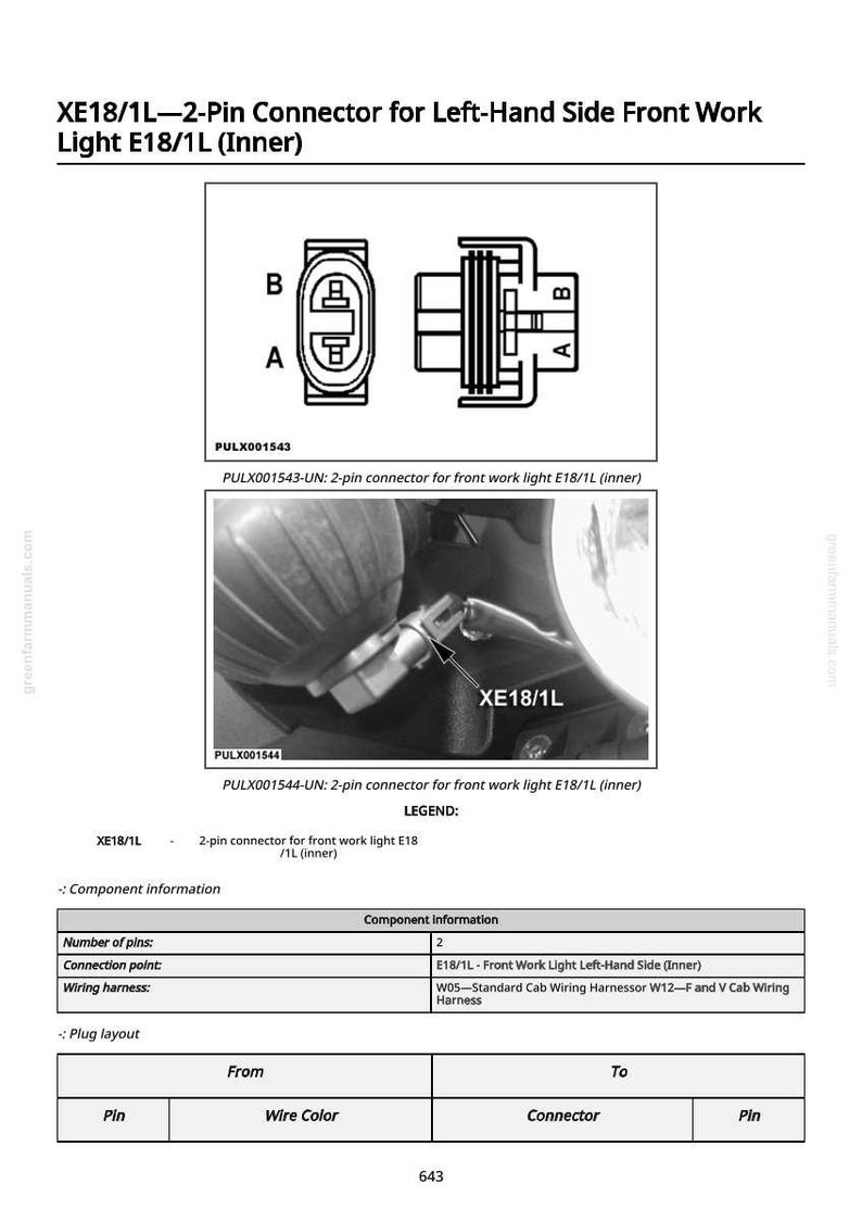 Pu&ograve; includere: Schema di un connettore a 2 pin per una luce di lavoro anteriore, etichettato XE18/1L. L'immagine include diagrammi dettagliati e informazioni sui componenti, tra cui la disposizione dei pin e i dettagli del cablaggio.