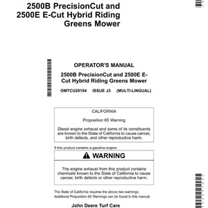 Puede incluir: Manual del operador blanco para una cortadora de c&eacute;sped 2500B PrecisionCut y 2500E E-Cut Hybrid Riding Greens. El manual incluye una advertencia de la Proposici&oacute;n 65 de California sobre los gases de escape.