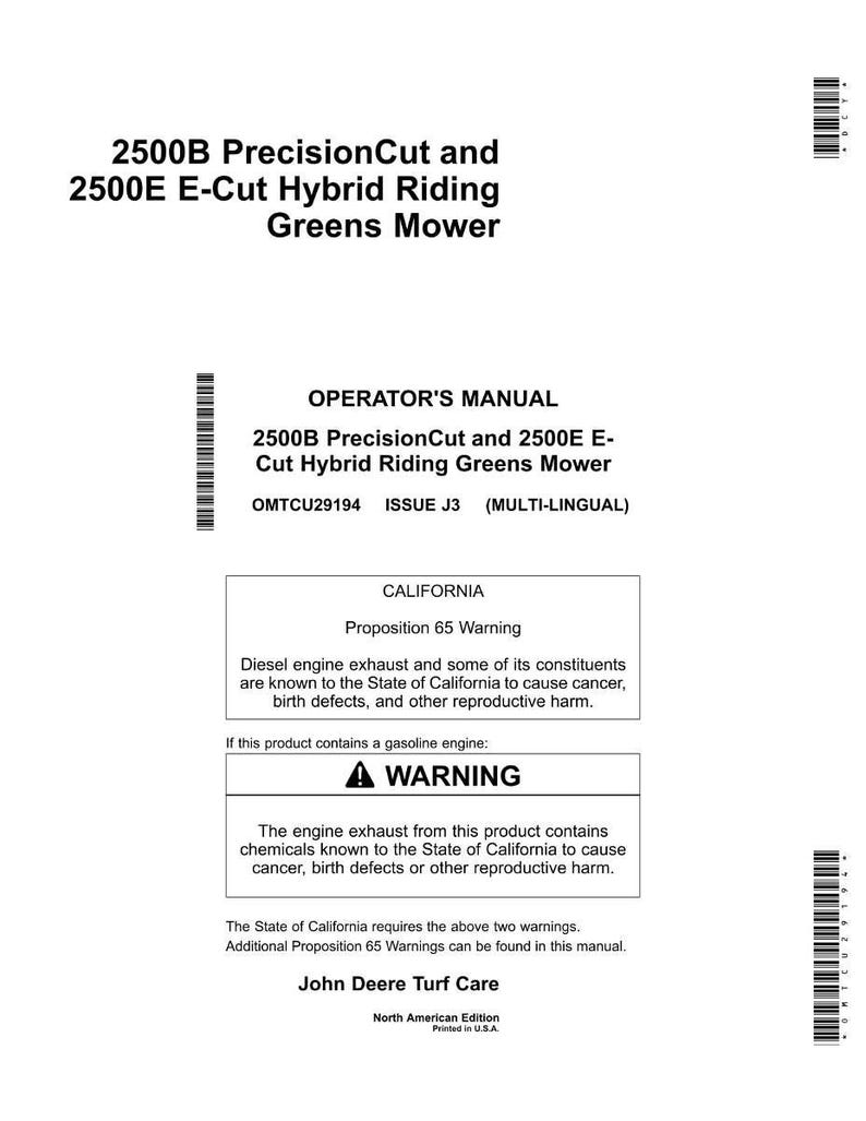 Puede incluir: Manual del operador blanco para una cortadora de c&eacute;sped 2500B PrecisionCut y 2500E E-Cut Hybrid Riding Greens. El manual incluye una advertencia de la Proposici&oacute;n 65 de California sobre los gases de escape.