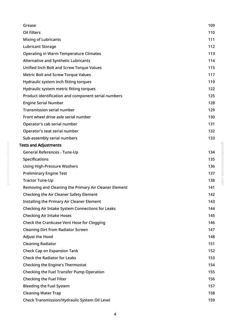 May include: A white page with a list of maintenance and repair topics, including "Grease," "Oil Filters," and "Tractor Tune-Up." The page numbers are listed on the right side. The website address "greenfarmmanuals.com" is visible.