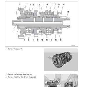 Op de afbeelding: Diagram van een secundaire asassemblage met genummerde componenten voor demontage. Bevat een gedetailleerde illustratie van de as en tandwielen, samen met close-up foto's van individuele tandwielcomponenten. Tekst: "GEARBOX AND SHUTTLE ASSEMBLY" en "SECONDARY SHAFT".