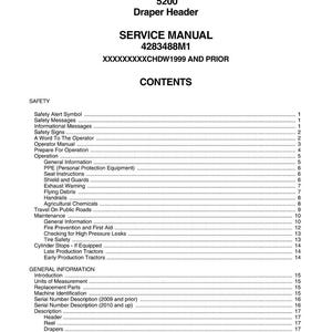Puede incluir: Manual de servicio para una segadora Massey Ferguson 5200 Draper. La portada muestra el logotipo de Massey Ferguson, informaci&oacute;n del modelo y el t&iacute;tulo "Manual de servicio". Tambi&eacute;n se ve la tabla de contenidos.