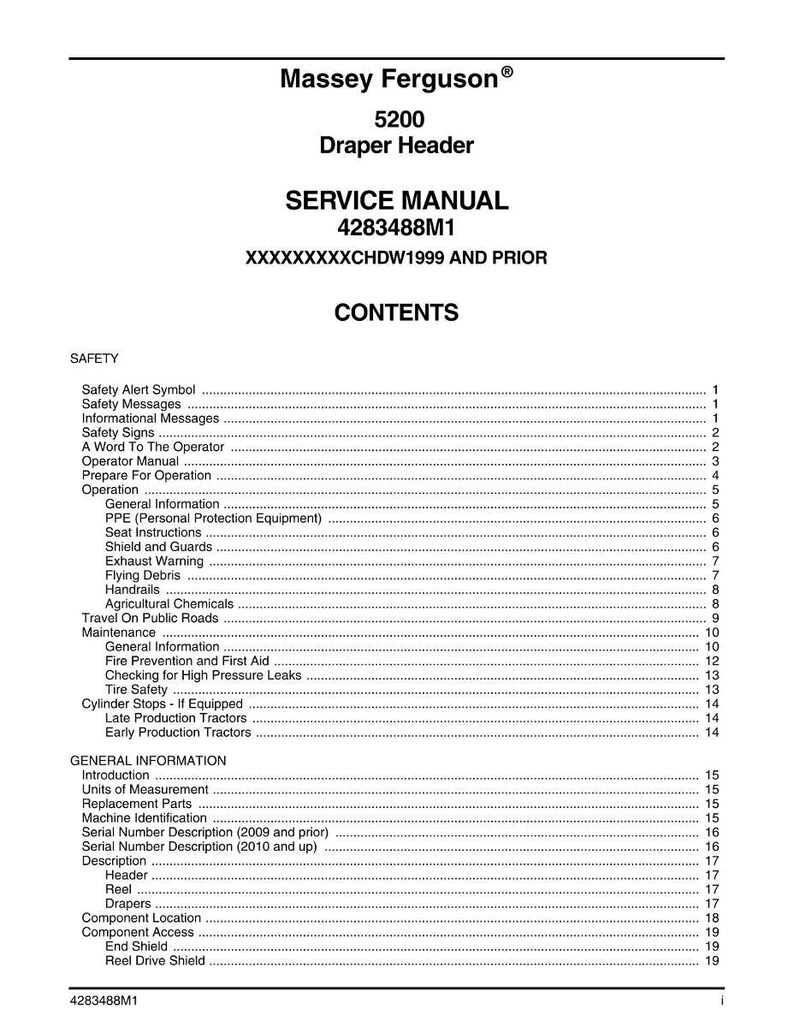 Puede incluir: Manual de servicio para una segadora Massey Ferguson 5200 Draper. La portada muestra el logotipo de Massey Ferguson, informaci&oacute;n del modelo y el t&iacute;tulo "Manual de servicio". Tambi&eacute;n se ve la tabla de contenidos.