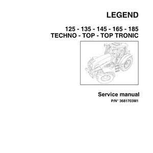 May include: A service manual with the title "LEGEND" and the text "125 - 135 - 145 - 165 - 185 TECHNO - TOP - TOP TRONIC". The image includes a line drawing of a tractor. The manual's part number is 3681703M1.
