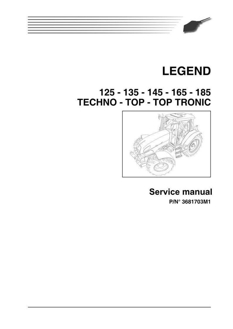 May include: A service manual with the title "LEGEND" and the text "125 - 135 - 145 - 165 - 185 TECHNO - TOP - TOP TRONIC". The image includes a line drawing of a tractor. The manual's part number is 3681703M1.