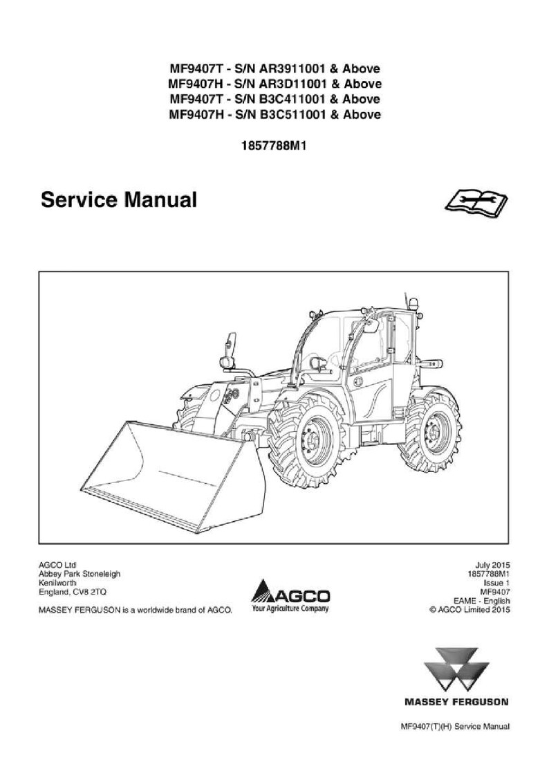 May include: A service manual for a Massey Ferguson MF9407(T)(H) tractor. The manual includes a line drawing of the tractor and the AGCO and Massey Ferguson logos. The text includes the model number and serial numbers.