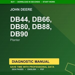 Op de afbeelding: Een groen en gele afbeelding met de tekst "JOHN DEERE" bovenaan. Daaronder staan "DB44, DB66, DB80, DB88, DB90" en "Planter". Een gele rechthoek toont "DIAGNOSTIC MANUAL" met details over de handleiding.
