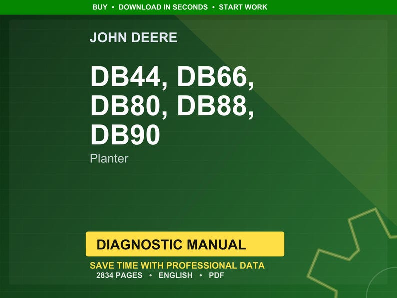 Op de afbeelding: Een groen en gele afbeelding met de tekst "JOHN DEERE" bovenaan. Daaronder staan "DB44, DB66, DB80, DB88, DB90" en "Planter". Een gele rechthoek toont "DIAGNOSTIC MANUAL" met details over de handleiding.