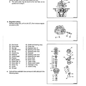 May include: Diagram of a travel motor disassembly and assembly process. The image includes exploded views of the motor components, with labels and callouts for each part. Text instructions are provided for specific steps.