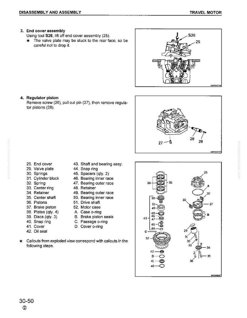 May include: Diagram of a travel motor disassembly and assembly process. The image includes exploded views of the motor components, with labels and callouts for each part. Text instructions are provided for specific steps.