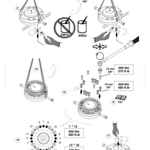 May include: Diagram of a Komatsu JMHB470V component assembly, featuring multiple views of a circular part with bolt patterns. Includes torque specifications in ft.lb and Nm, along with wrench sizes in inches and mm.