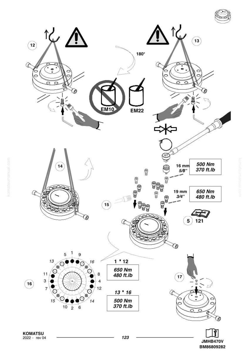 May include: Diagram of a Komatsu JMHB470V component assembly, featuring multiple views of a circular part with bolt patterns. Includes torque specifications in ft.lb and Nm, along with wrench sizes in inches and mm.