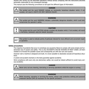 May include: Page from a manual with safety instructions. Includes sections on Danger, Warning, and Caution, with corresponding symbols. Text details potential hazards and safety precautions for machinery operation. Edition 06-2019.