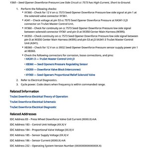Puede incluir: Documento titulado "IDC 516978.06 - Seed Opener Downforce Pressure Low Side Has High Current, Short to Ground". Incluye comprobaciones, informaci&oacute;n relacionada y direcciones. Texto negro sobre fondo blanco.
