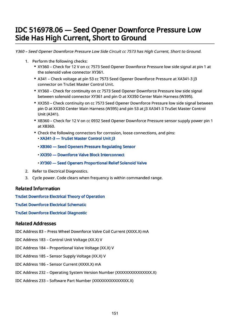 Puede incluir: Documento titulado "IDC 516978.06 - Seed Opener Downforce Pressure Low Side Has High Current, Short to Ground". Incluye comprobaciones, informaci&oacute;n relacionada y direcciones. Texto negro sobre fondo blanco.
