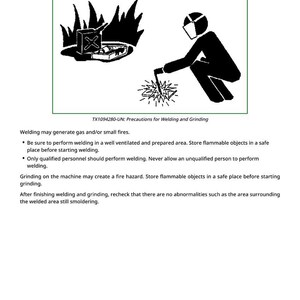 Puede incluir: Ilustraci&oacute;n en blanco y negro con el texto "Precauciones para soldar y esmerilar". La imagen representa a una persona soldando, llamas y un contenedor. Las pautas de seguridad se enumeran debajo de la imagen.
