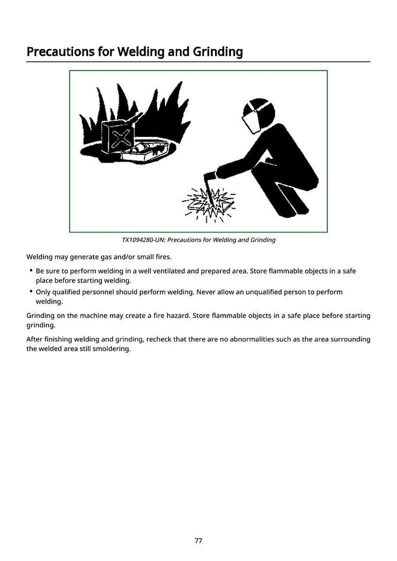 Puede incluir: Ilustraci&oacute;n en blanco y negro con el texto "Precauciones para soldar y esmerilar". La imagen representa a una persona soldando, llamas y un contenedor. Las pautas de seguridad se enumeran debajo de la imagen.