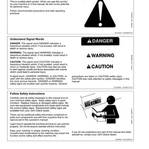 May include: A page from a manual titled "Safety" with safety alert symbols and instructions. Includes "Danger," "Warning," and "Caution" signal words, and safety instructions. A diagram shows a person reading a manual.