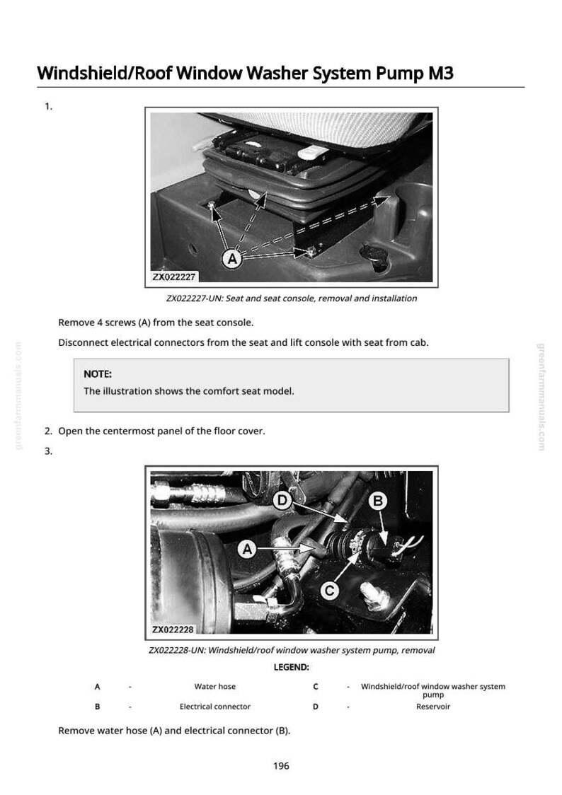 May include: Diagram of a windshield/roof window washer system pump M3, with close-up images of components. Includes labels for water hose, electrical connector, and reservoir. Text instructions detail removal steps.