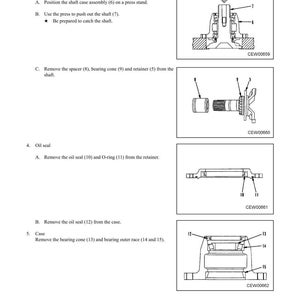 May include: Diagram showing disassembly and assembly instructions for a centre support component. Illustrations detail steps for removing the shaft, oil seal, and bearing cone. Includes labels for parts such as the shaft case assembly, oil seal, and bearing outer race.