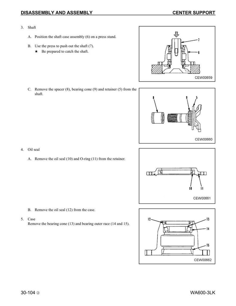 May include: Diagram showing disassembly and assembly instructions for a centre support component. Illustrations detail steps for removing the shaft, oil seal, and bearing cone. Includes labels for parts such as the shaft case assembly, oil seal, and bearing outer race.