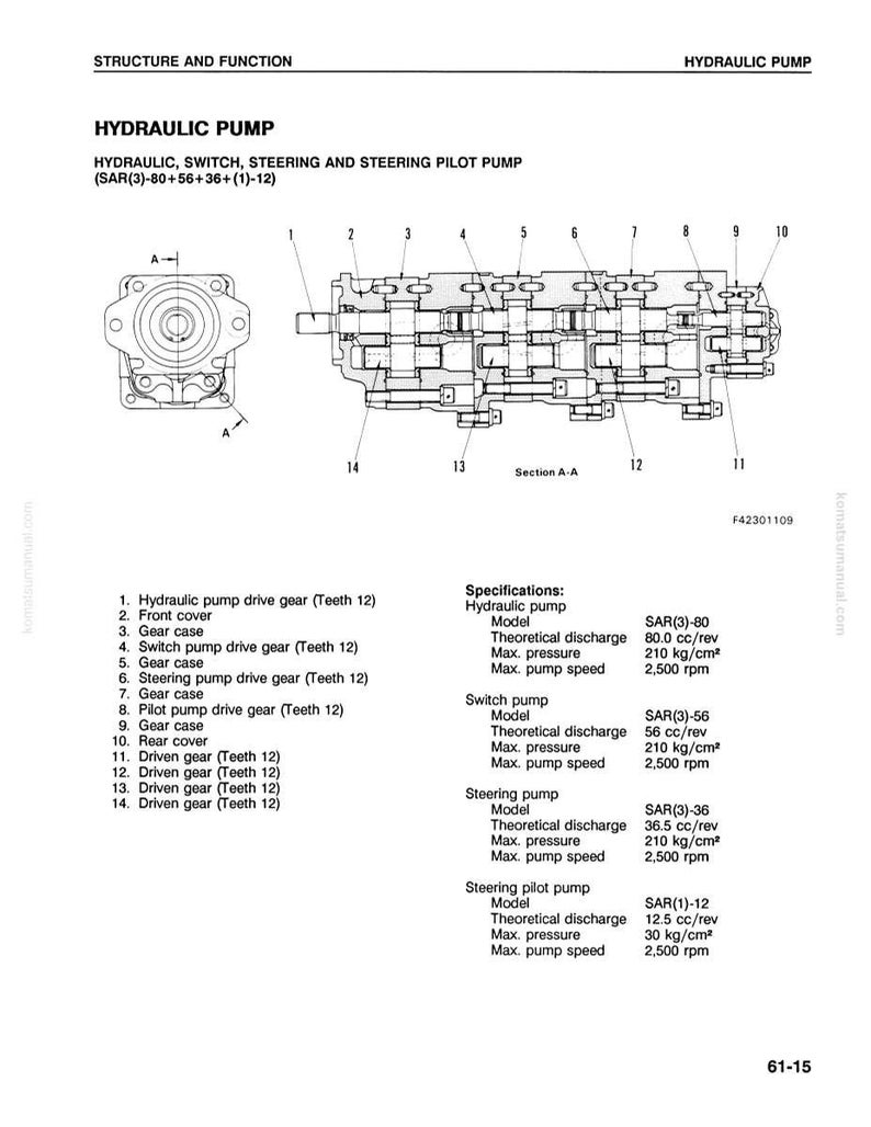 May include: Diagram of a hydraulic pump, labeled with part numbers and specifications. The image includes a detailed illustration of the pump's internal components, such as gears and covers, along with technical data like theoretical discharge and maximum pressure.